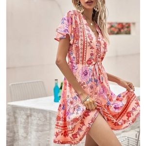 Boho floral print button drawstring waist dress
